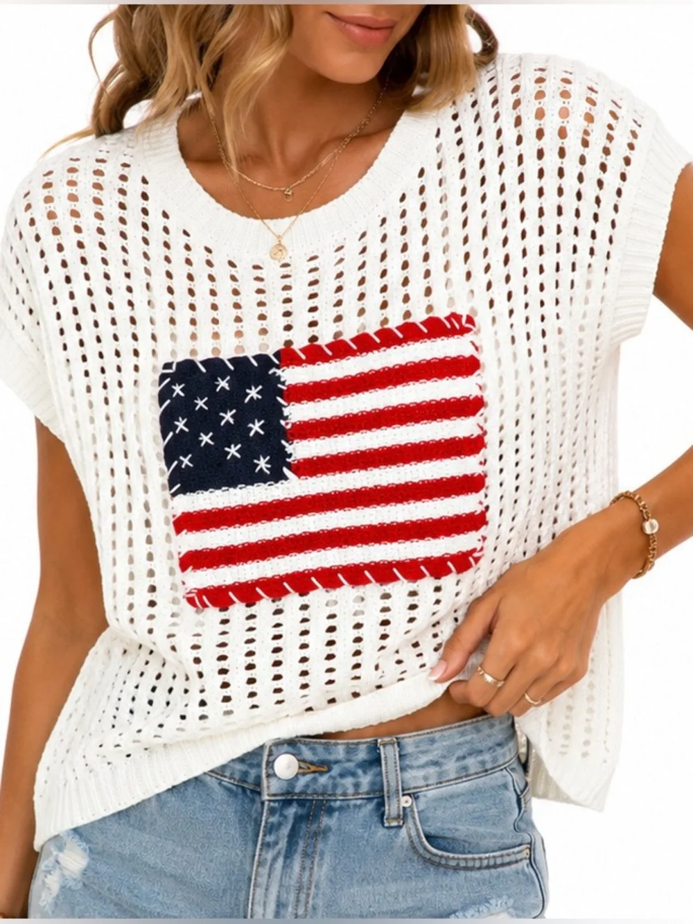Zenana Boutique American Flag Open Weave Crochet Cap Sleeve Sweater Size M - Picture 1 of 10